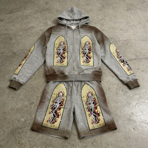 Spray Dye Embroidery Skeleton Tracksuit | Zip Up Hoodie and Shorts | Heavyweight Streetwear | Streetwear Manufacturer