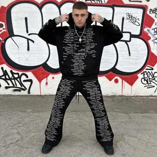 Embroidered Rhinestone Text Tracksuit | Hoodie and Flare Pants | Heavyweight Cotton | OEM Streetwear