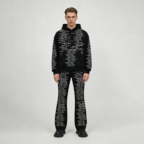 Embroidered Rhinestone Text Tracksuit | Hoodie and Flare Pants | Heavyweight Cotton | OEM Streetwear