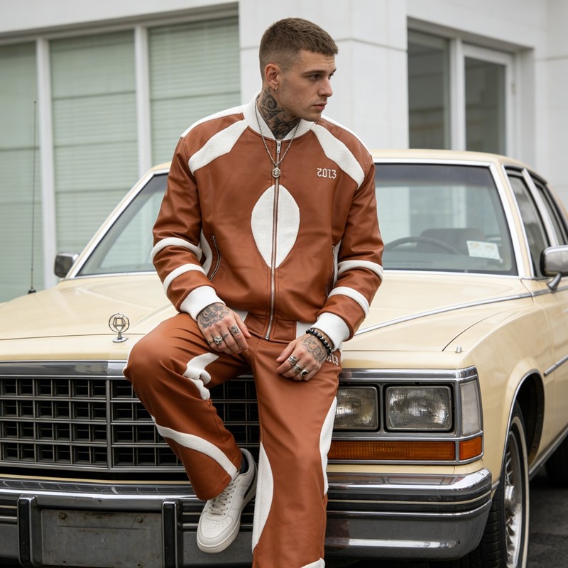 3D Embroidery Paneled Leather Tracksuit