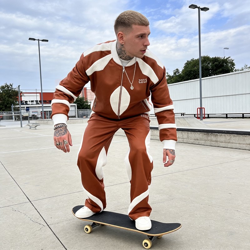 3D Embroidery Paneled Leather Tracksuit