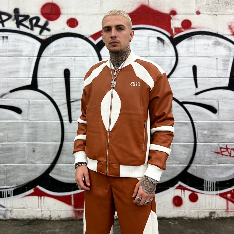 3D Embroidery Paneled Leather Tracksuit