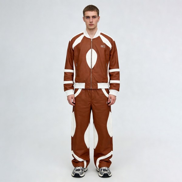 3D Embroidery Paneled Leather Tracksuit | Bomber Jacket and Flare Pants | Custom Streetwear Manufacturer