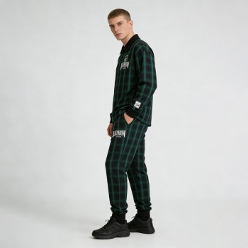 Embroidery and Screen Print Plaid Tracksuit | Polo Collar and Jogger Pants | OEM Streetwear