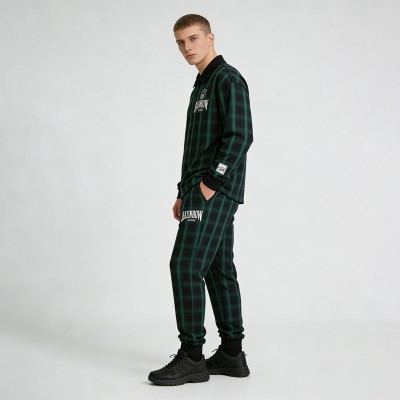 Embroidery and Screen Print Plaid Tracksuit | Polo Collar and Jogger Pants | OEM Streetwear