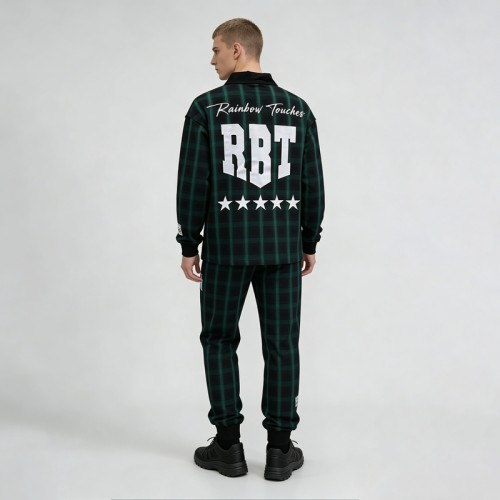 Embroidery and Screen Print Plaid Tracksuit | Polo Collar and Jogger Pants | OEM Streetwear