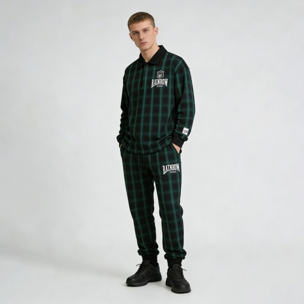 Embroidery and Screen Print Plaid Tracksuit | Polo Collar and Jogger Pants | OEM Streetwear