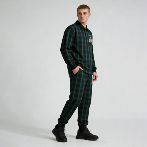 Embroidery and Screen Print Plaid Tracksuit | Polo Collar and Jogger Pants | OEM Streetwear