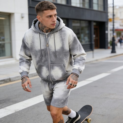 Men's Acid Wash Spray Tie-Dye Tracksuit | Vintage Worn-In Style | Cotton Blend | OEM Streetwear