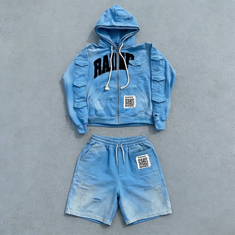 Applique Washed Spray Dye Distressed Multi-Pocket Tracksuit