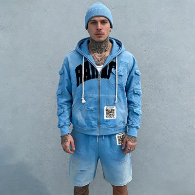 Applique Washed Spray Dye Distressed Multi-Pocket Tracksuit | Raw Edge | Custom Streetwear Manufacturer