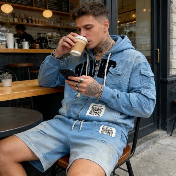 Applique Washed Spray Dye Distressed Multi-Pocket Tracksuit | Raw Edge | Custom Streetwear Manufacturer