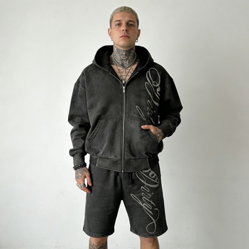 Embroidered Washed Zip Up Hoodie and Shorts Tracksuit | Casual Wear | Custom Streetwear