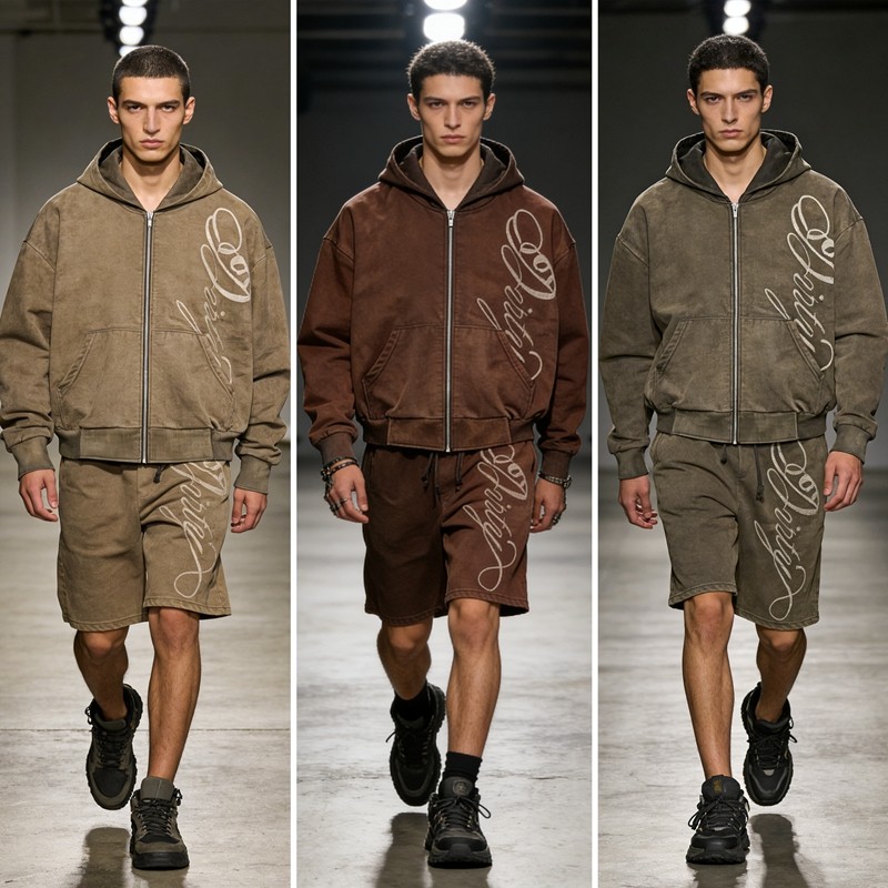 Embroidered Washed Zip Up Hoodie and Shorts Tracksuit