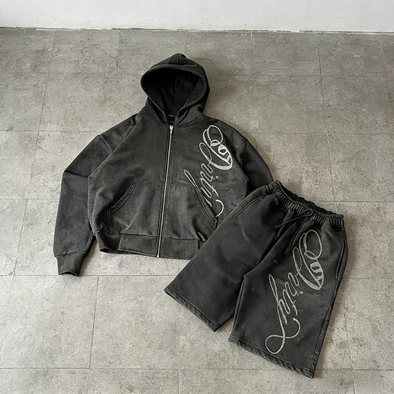 Embroidered Washed Zip Up Hoodie and Shorts Tracksuit