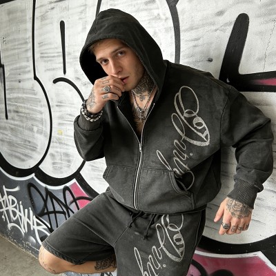 Embroidered Washed Zip Up Hoodie and Shorts Tracksuit | Casual Wear | Custom Streetwear