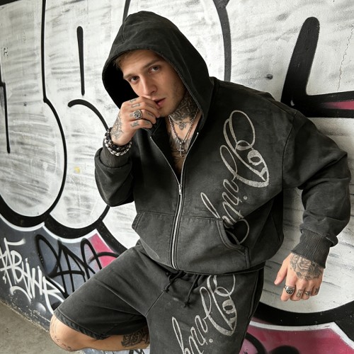 Embroidered Washed Zip Up Hoodie and Shorts Tracksuit | Casual Wear | Custom Streetwear