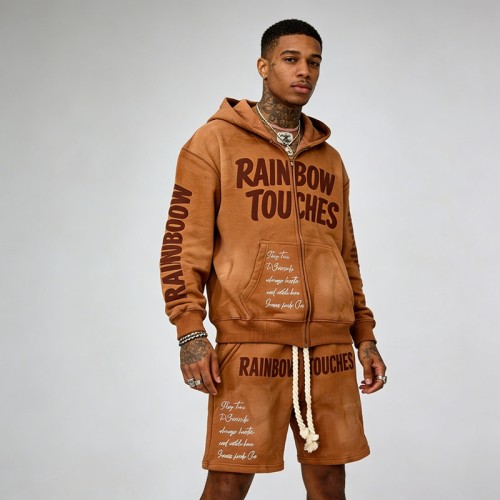 Men's Washed and Embroidered Rhinestone Tracksuit | Durable Applique Streetwear | Custom Streetwear