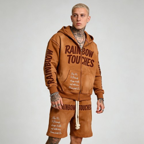 Men's Washed and Embroidered Rhinestone Tracksuit | Durable Applique Streetwear | Custom Streetwear