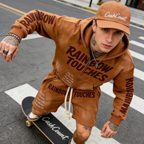 Men's Washed and Embroidered Rhinestone Tracksuit | Durable Applique Streetwear | Custom Streetwear