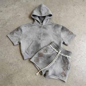 Rhinestone Distressed Washed Spray Dye Tracksuit | Raw Edge | Custom Streetwear Manufacturer