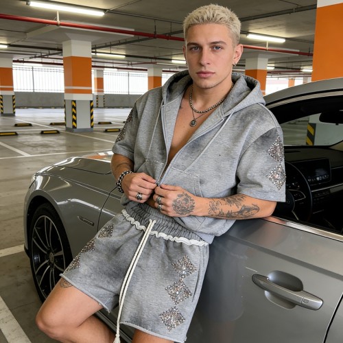 Rhinestone Distressed Washed Spray Dye Tracksuit | Raw Edge | Custom Streetwear Manufacturer