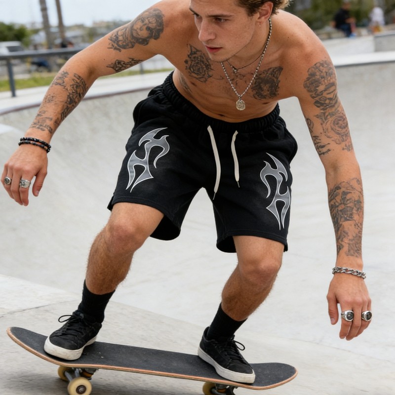 Men's Spray Dye Screen Print Flame Graphic Shorts