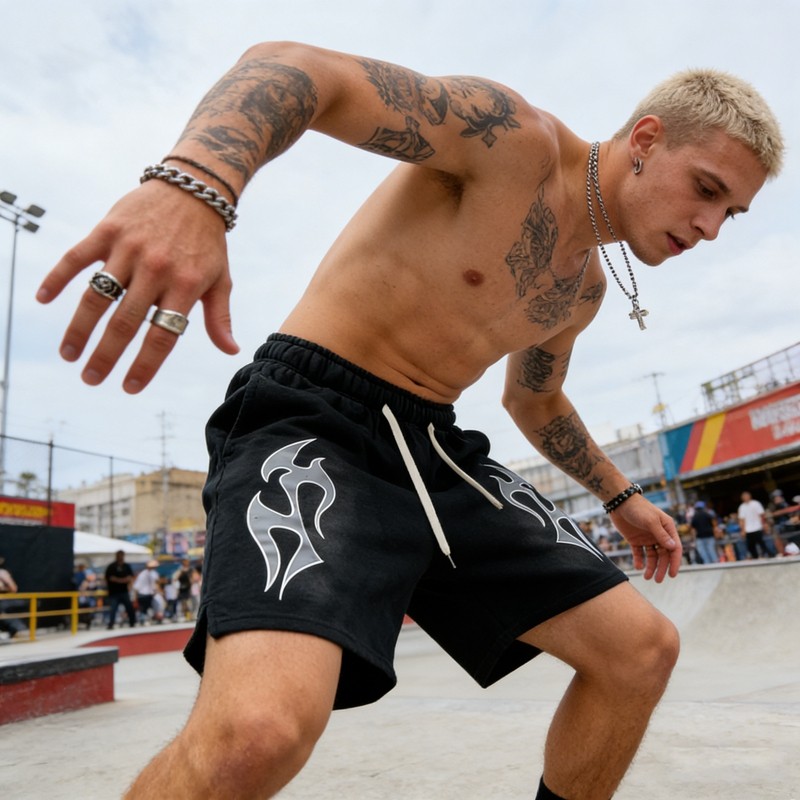 Men's Spray Dye Screen Print Flame Graphic Shorts