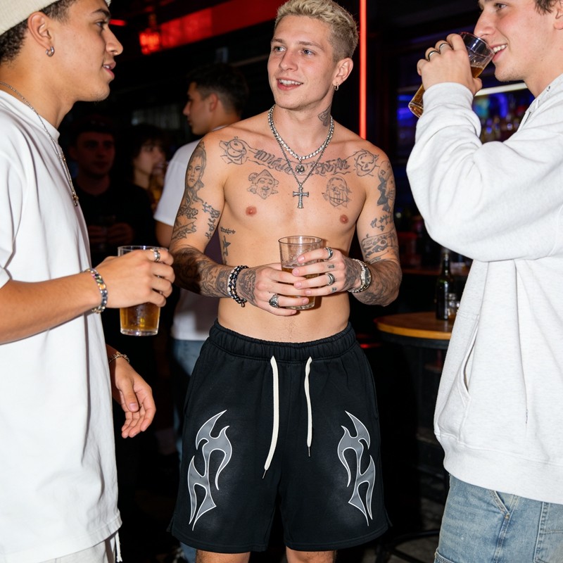 Men's Spray Dye Screen Print Flame Graphic Shorts