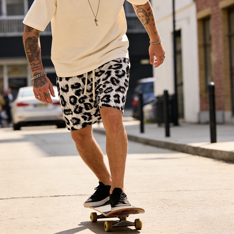 Men's DTG Print Leopard Print Drawstring Shorts