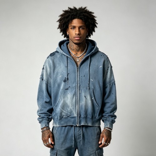 Washed Distressed Ink-splatter print Zip Hoodie | Vintage Streetwear | Custom Streetwear Manufacturer