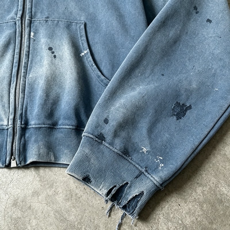 Washed Distressed Ink-splatter print Zip Hoodie