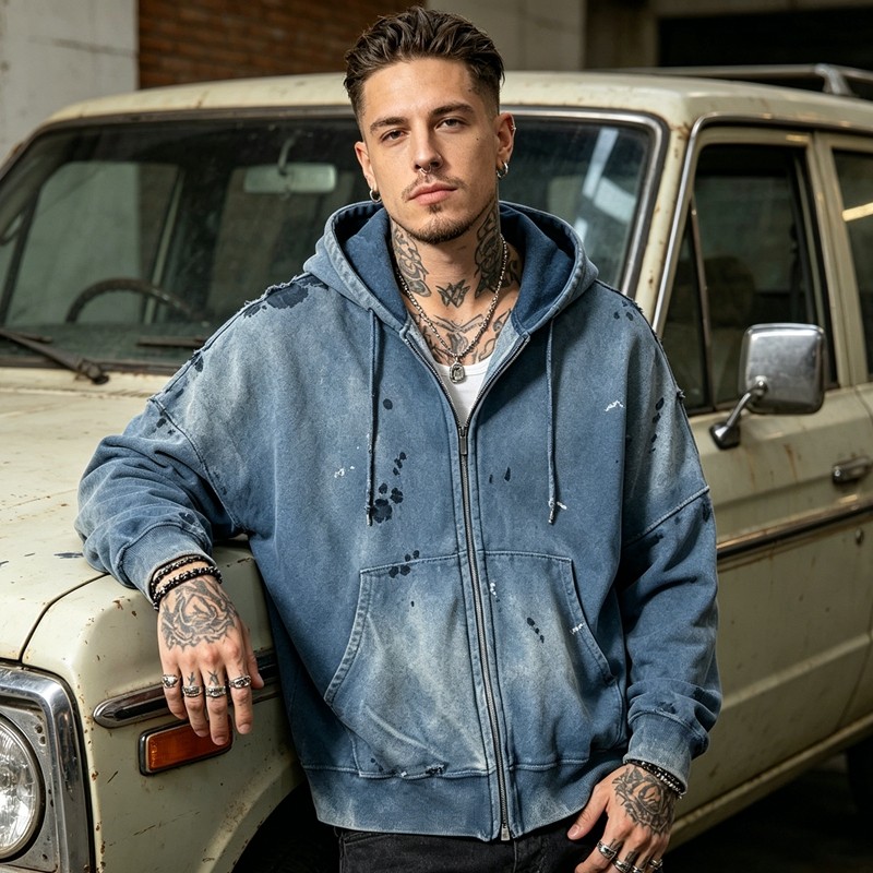 Washed Distressed Ink-splatter print Zip Hoodie