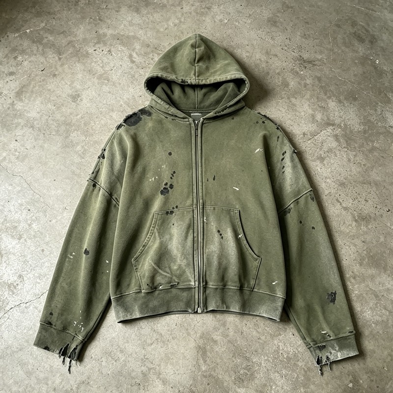 Washed Distressed Ink-splatter print Zip Hoodie