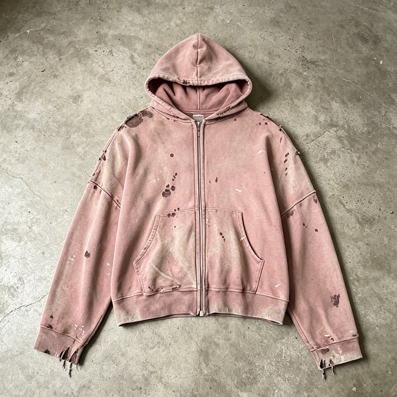 Washed Distressed Ink-splatter print Zip Hoodie