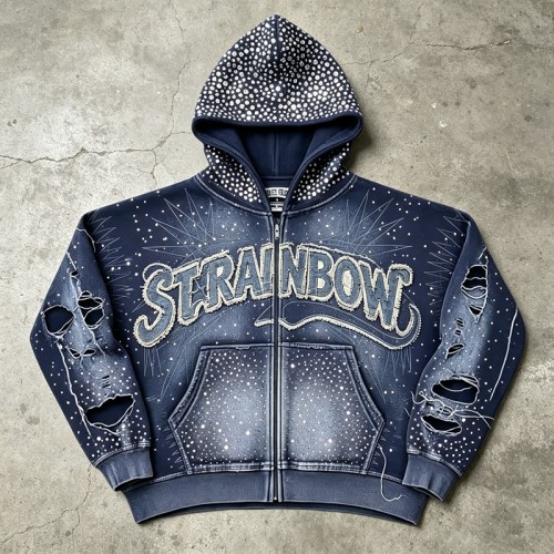 Sun Faded Rhinestone Applique Hoodie | Distressed Washed | 100% Cotton | Custom Streetwear Manufacturer