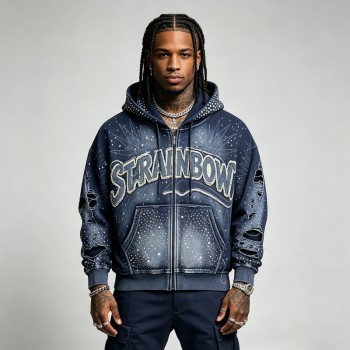 Sun Faded Rhinestone Applique Hoodie | Distressed Washed | 100% Cotton | Custom Streetwear Manufacturer