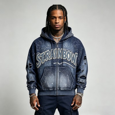 Sun Faded Rhinestone Applique Hoodie | Distressed Washed | 100% Cotton | Custom Streetwear Manufacturer