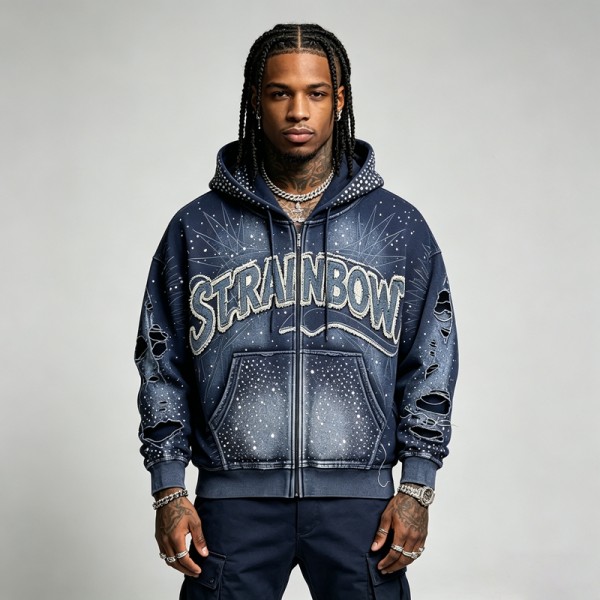 Sun Faded Rhinestone Applique Hoodie | Distressed Washed | 100% Cotton | Custom Streetwear Manufacturer