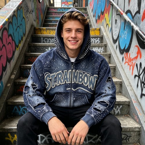 Sun Faded Rhinestone Applique Hoodie | Distressed Washed | 100% Cotton | Custom Streetwear Manufacturer