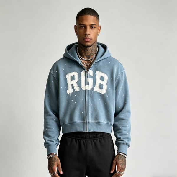 Washed Vintage Rhinestone Oversized Hoodie | Raw Edge Applique Embroidery | 100% Cotton | Custom Streetwear