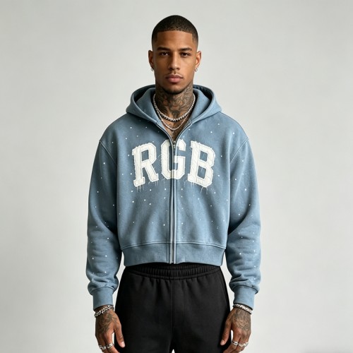 Washed Vintage Rhinestone Oversized Hoodie | Raw Edge Applique Embroidery | 100% Cotton | Custom Streetwear