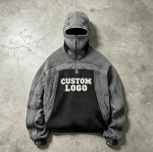 Washed Vintage Balaclava Hoodie | Raw Edge Applique Embroidery | Cotton Blend | Custom Streetwear