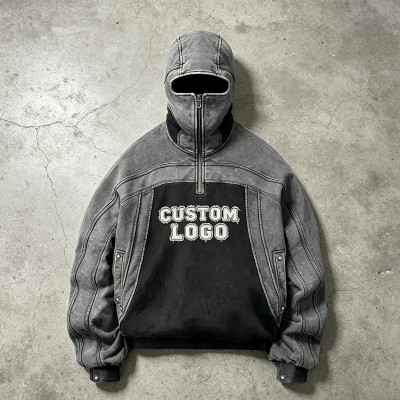 Washed Vintage Balaclava Hoodie | Raw Edge Applique Embroidery | Cotton Blend | Custom Streetwear