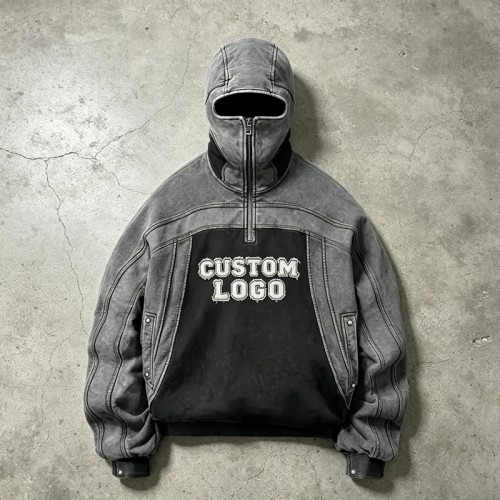 Washed Vintage Balaclava Hoodie | Raw Edge Applique Embroidery | Cotton Blend | Custom Streetwear
