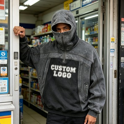 Washed Vintage Balaclava Hoodie | Raw Edge Applique Embroidery | Cotton Blend | Custom Streetwear