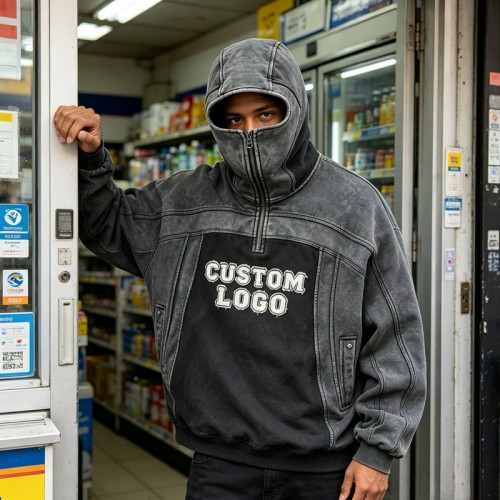 Washed Vintage Balaclava Hoodie | Raw Edge Applique Embroidery | Cotton Blend | Custom Streetwear