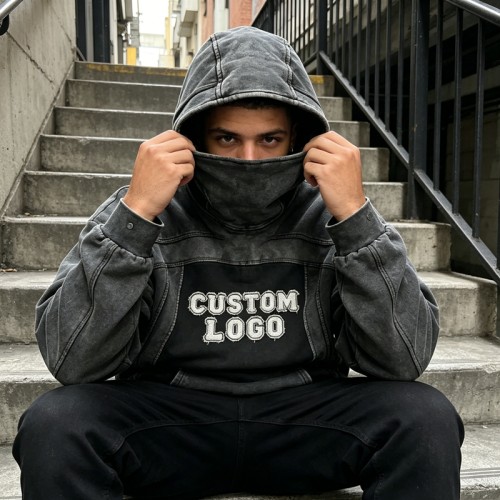 Washed Vintage Balaclava Hoodie | Raw Edge Applique Embroidery | Cotton Blend | Custom Streetwear