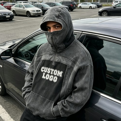 Washed Vintage Balaclava Hoodie | Raw Edge Applique Embroidery | Cotton Blend | Custom Streetwear