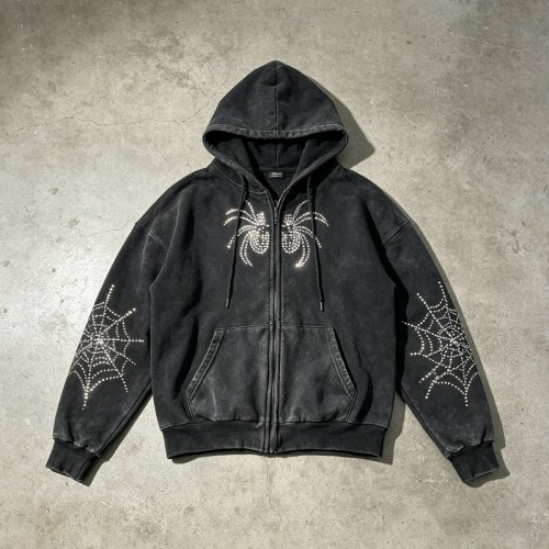 Washed Vintage Rhinestone Spider Web Zip Hoodie | Cotton Blend | Oversized Fit | Custom Streetwear Manufacturer